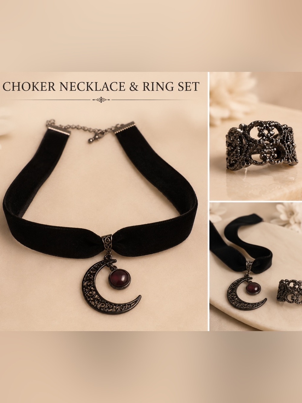 2pc set Black Velvet Choker with Crescent Pendant and Garnet Accent ring size 5